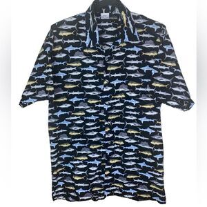 Cottonseed Mens Sz XL Black Allover Fish Shark Sailfish Button Down Casual Shirt